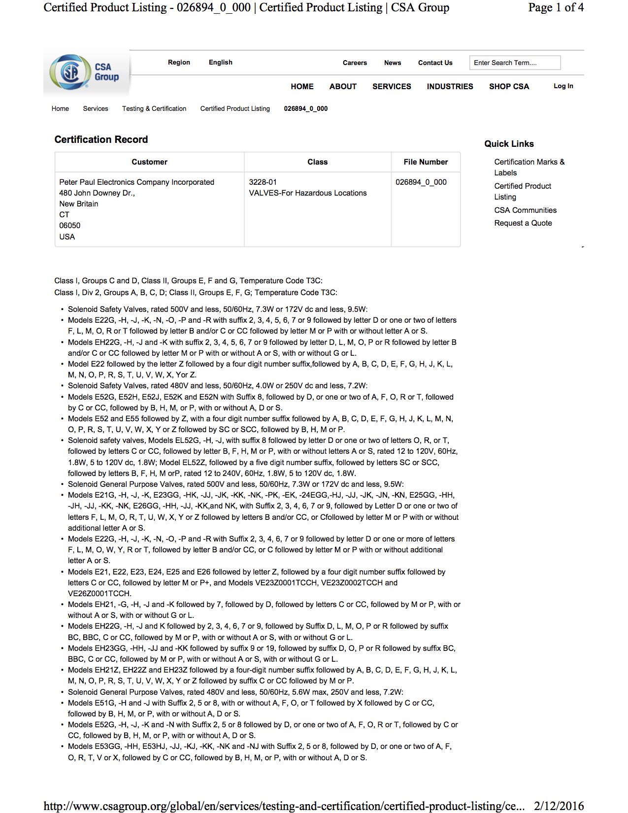 CSA Certification for Solenoid Valves and Operators used in Hazardous Locations