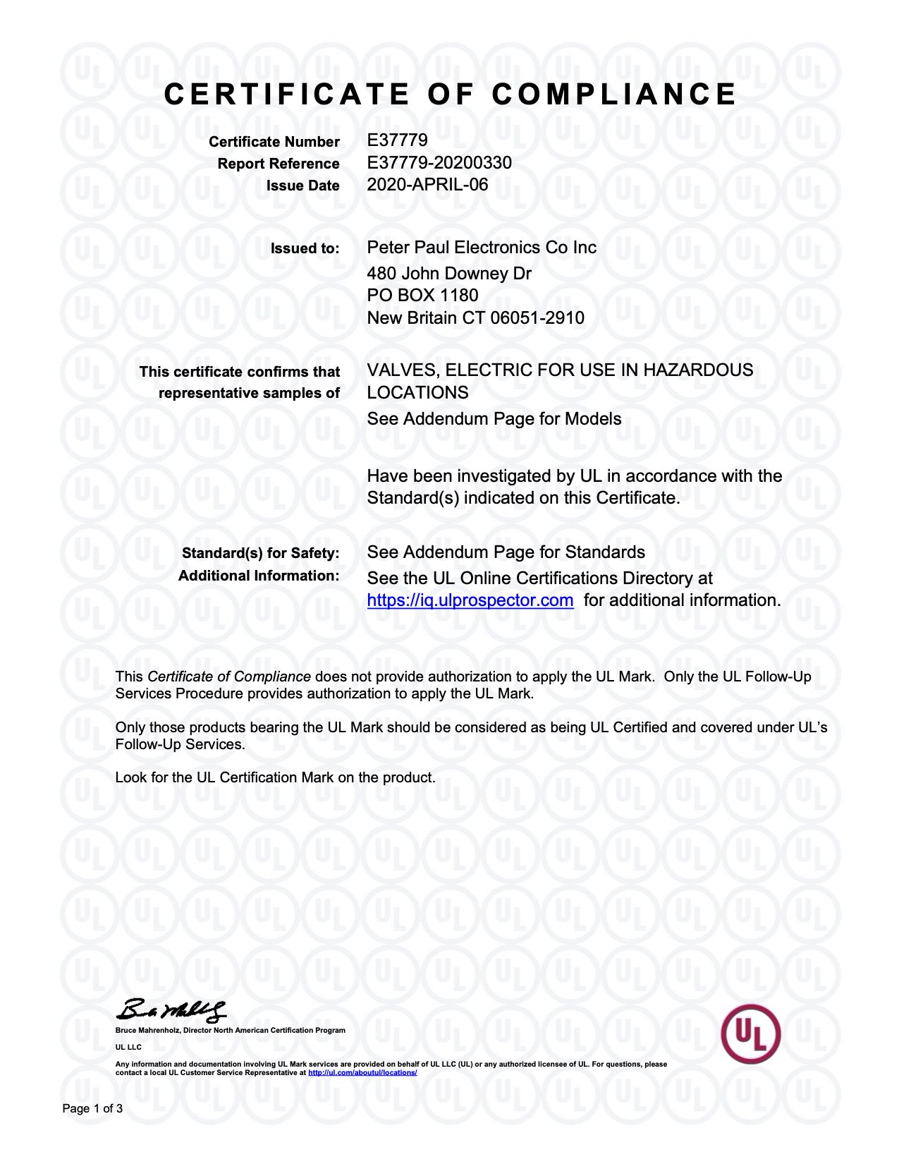 cULus CERTIFICATION FOR LOW WATT SERIES 20 SOLENOID VALVES USED IN HAZARDOUS LOCATIONS