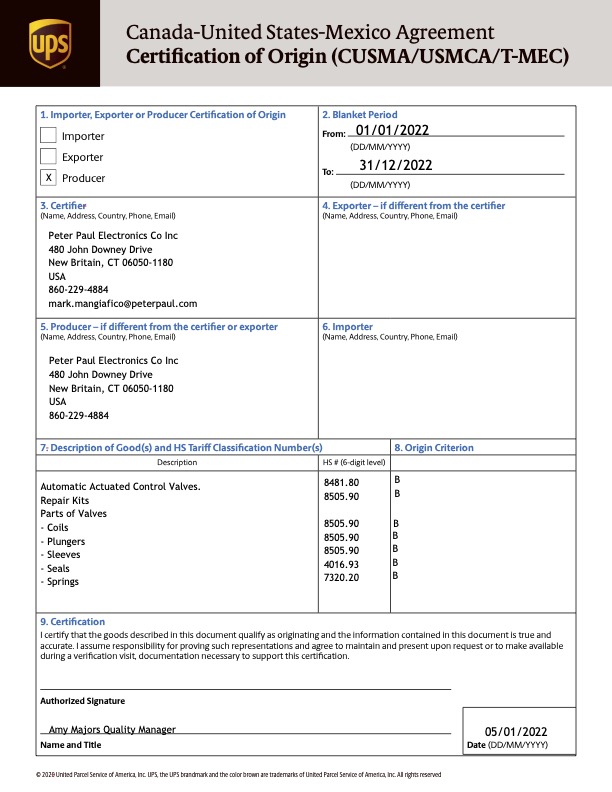 Certification of Origin (CUSMA/USMCA/T-MEC)
