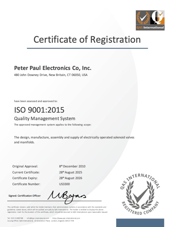 ISO 9001 certificate — Peter Paul Electronics Co., Inc., New Britain CT