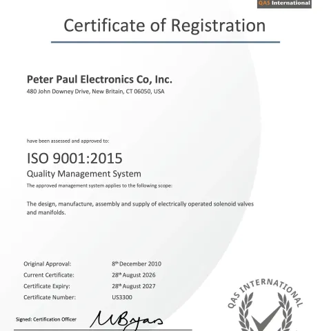 ISO 9001 certificate — Peter Paul Electronics Co., Inc., New Britain CT